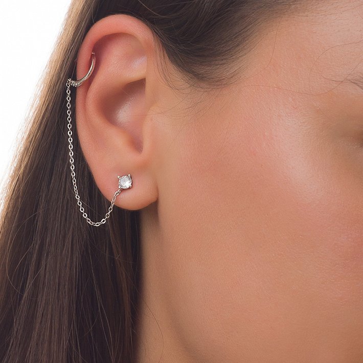 Oxzen σκουλαρίκι κρικάκι μικρό ασημένιο με λευκά ζιργκόν