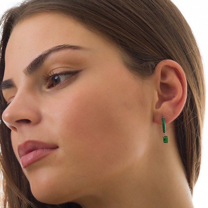 Oxzen σκουλαρίκια κρικάκια μικρά ασημένια με σμάλτο και κρεμαστή πέτρα ζιργκόν