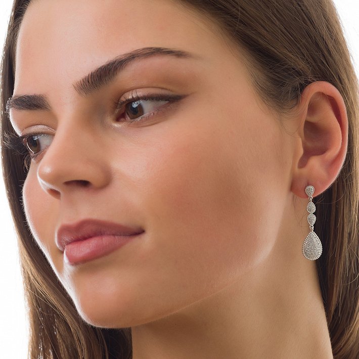 Oxzen σκουλαρίκια κρεμαστά ασημένια μακρύ με λευκά ζιργκόν