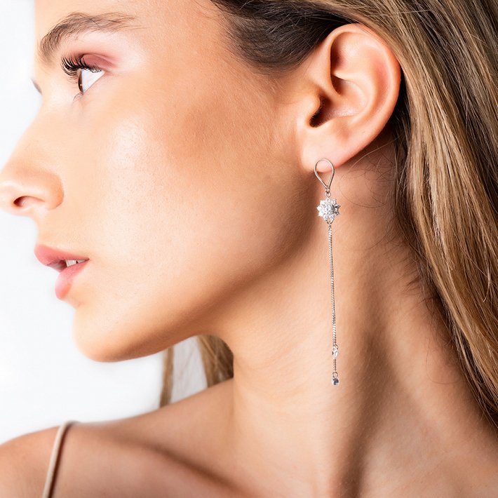 Oxzen σκουλαρίκια κρεμαστά ασημένια μακρύ με λευκά ζιργκόν