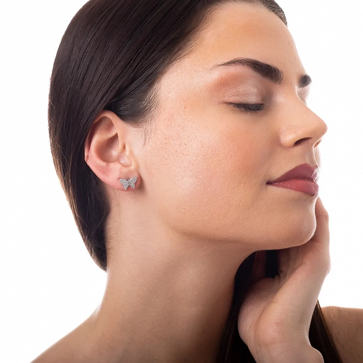 Oxzen σκουλαρίκι ασημένιο καρφωτό πεταλούδα με λευκά ζιργκόν