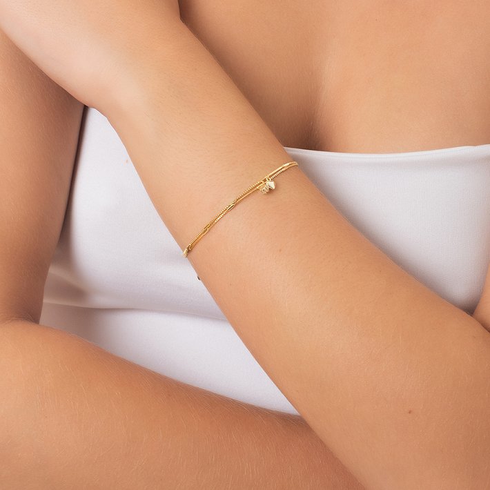 Oxzen βραχιόλι ασημένιο διπλό με καρδιά και πέτρα ζιργκόν