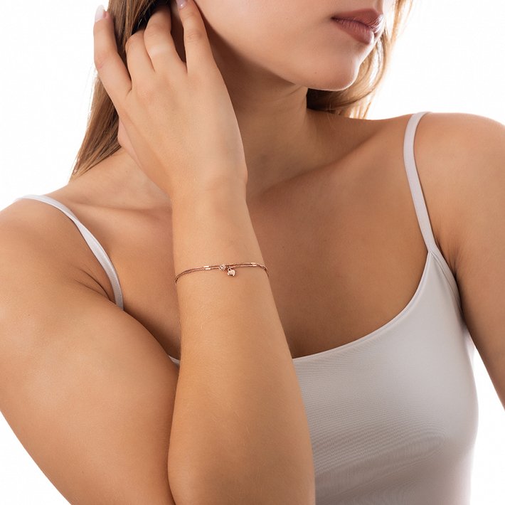 Oxzen βραχιόλι ασημένιο διπλό με καρδιά και πέτρα ζιργκόν