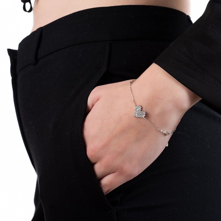 Oxzen βραχιόλι ασημένιο με καρδιά και λευκά ζιργκόν