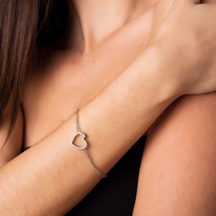 Oxzen βραχιόλι ασημένιο διπλό με καρδιά και λευκά ζιργκόν