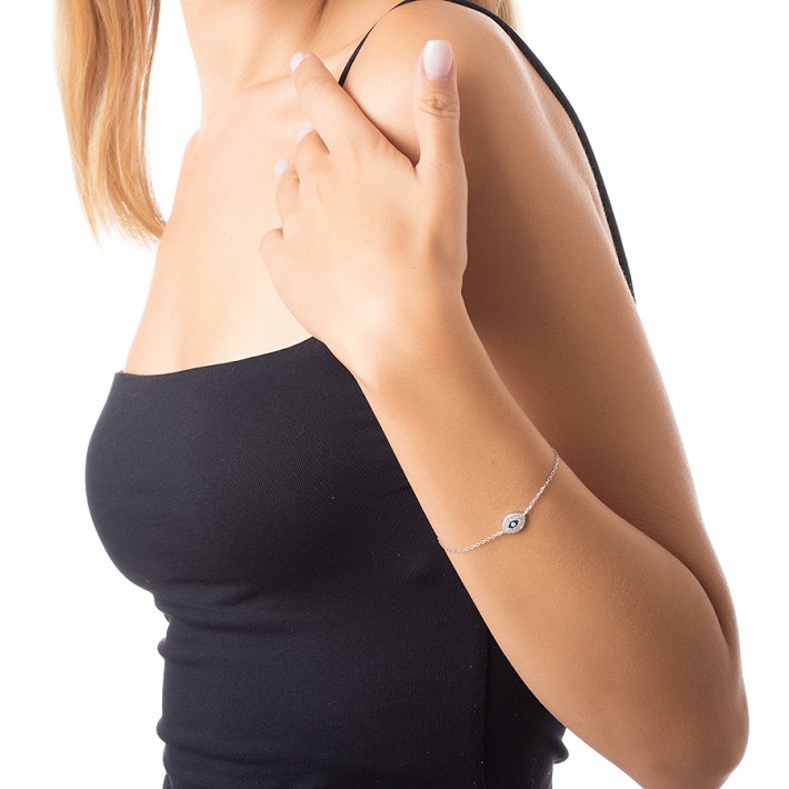 Oxzen γυναικείο βραχιόλι ασημένιο ματάκι με πέτρες ζιργκόν