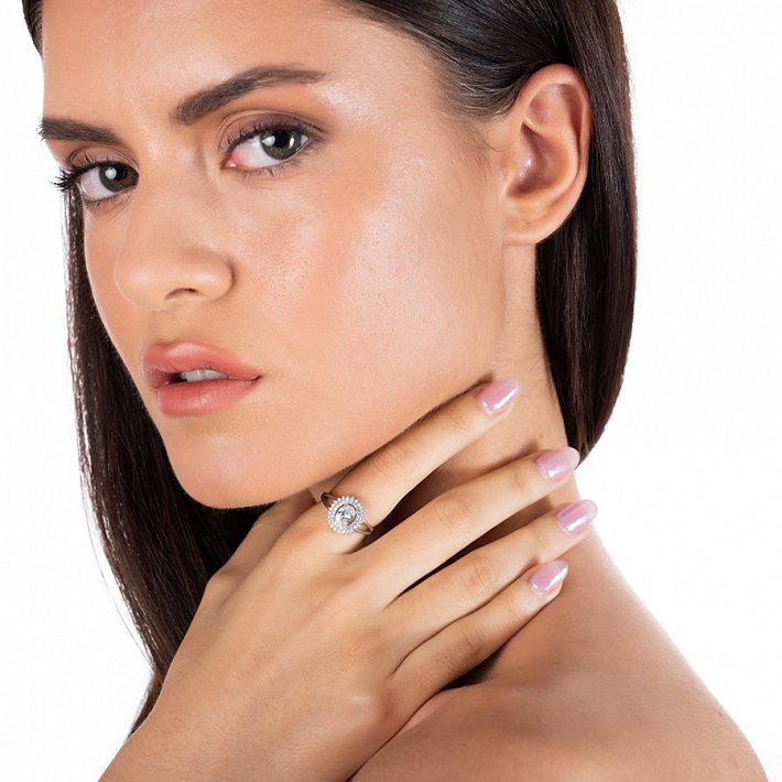 Oxzen δαχτυλίδι ασημένιο ροζέτα μονόπετρο με πέτρες ζιργκόν