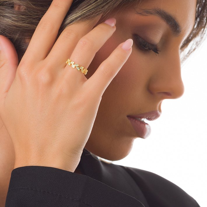 Oxzen δαχτυλίδι ασημένιο φύλλα ελιάς με λευκά ζιργκόν free size