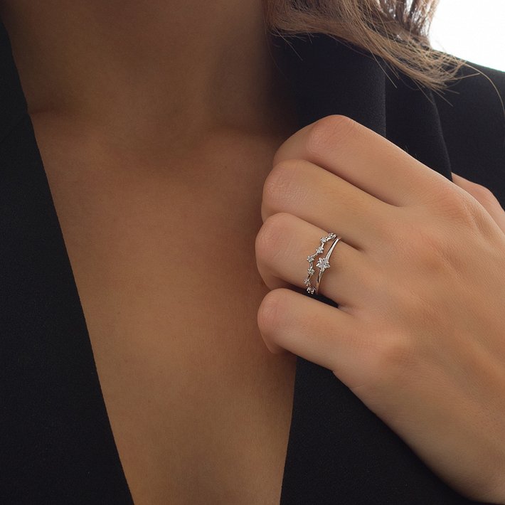 Oxzen δαχτυλίδι ασημένιο διπλό με λευκά ζιργκόν free size