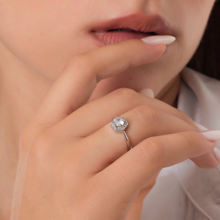 Oxzen δαχτυλίδι ασημένιο ροζέτα με λευκά ζιργκόν