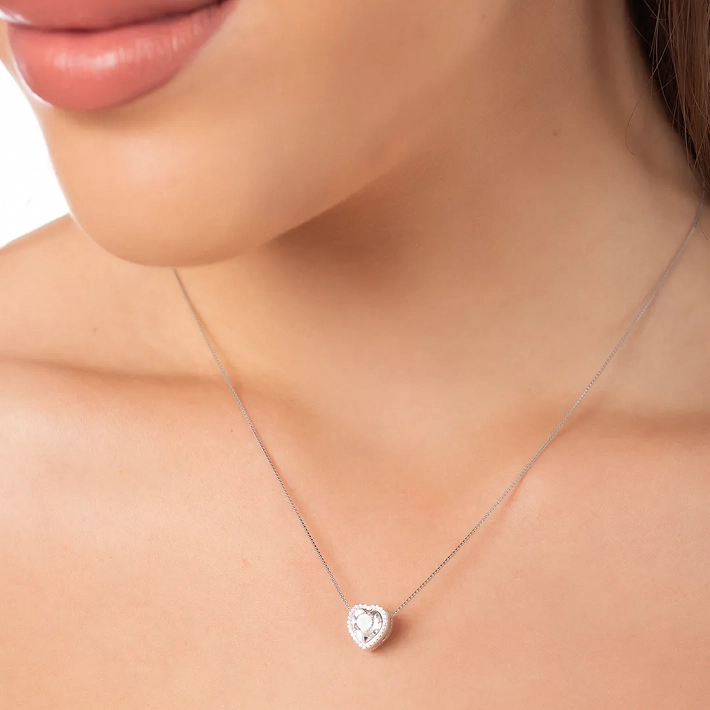 Oxzen κολιέ ασημένιο καρδιά διπλής όψης λευκή-μπλέ πέτρα ζιργκόν