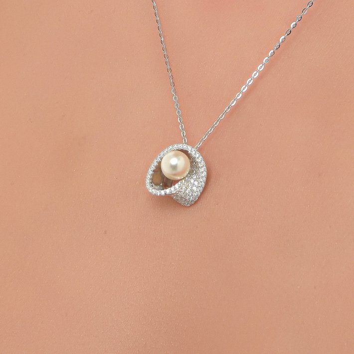 Oxzen κολιέ ασημένιο με ζιργκόν και πέρλα Majorica