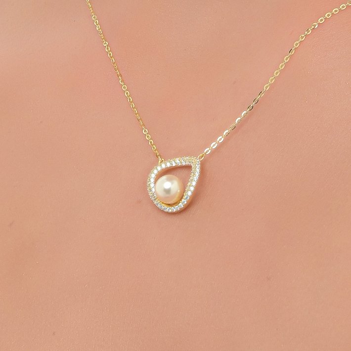 Oxzen κολιέ ασημένιο με ζιργκόν και πέρλα Majorica