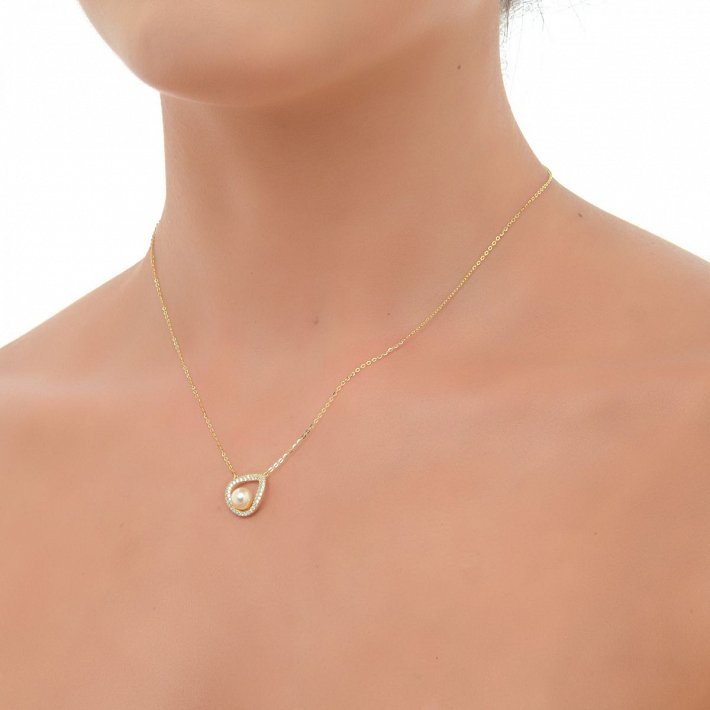 Oxzen κολιέ ασημένιο με ζιργκόν και πέρλα Majorica