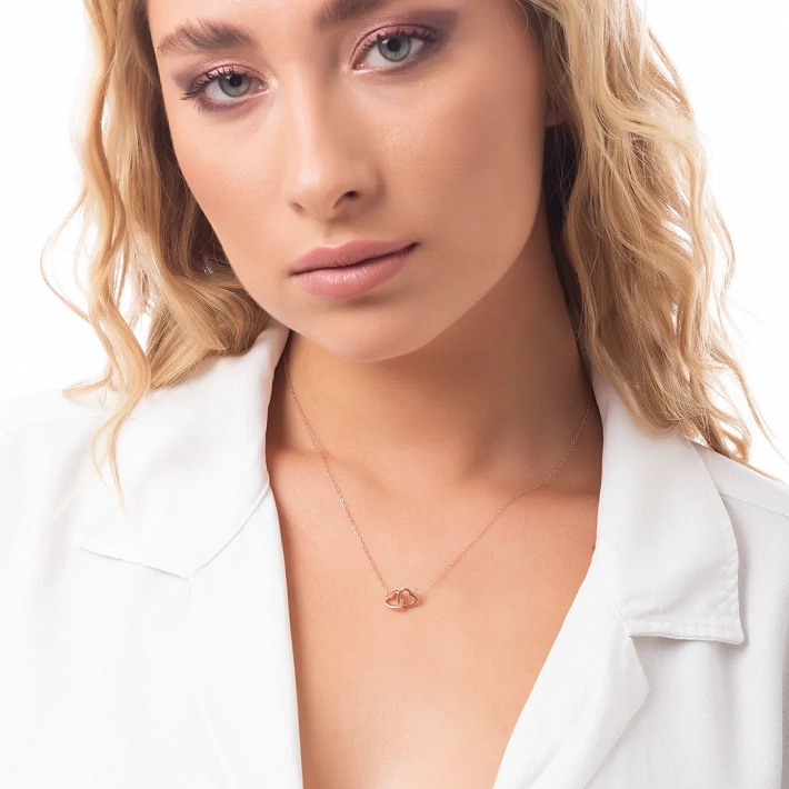 Oxzen κολιέ ασημένιο διπλή καρδιά ενωμένη με λευκά ζιργκόν