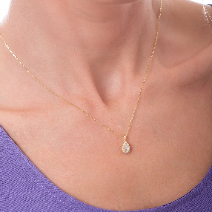 Oxzen ασημένιο κολιέ δάκρυ με λευκά ζιργκόν