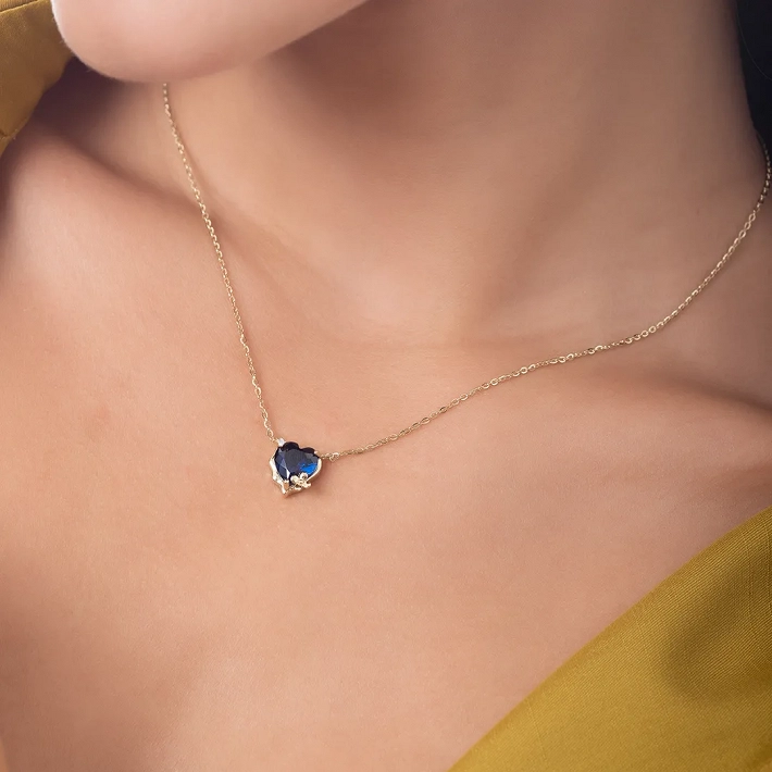Oxzen ασημένιο κολιέ καρδιά με μπλε πέτρα