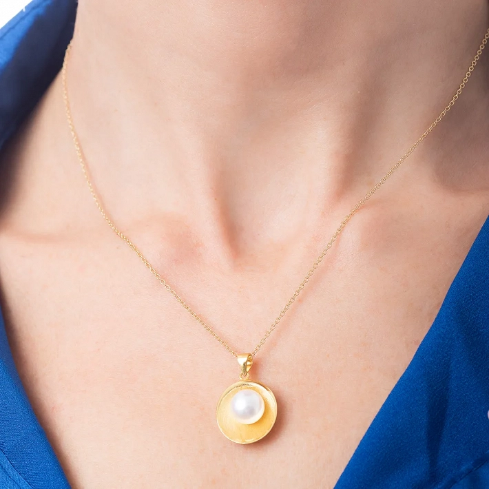 Oxzen ασημένιο κολιέ επιχρυσωμένο με πέρλα χειροποίητο