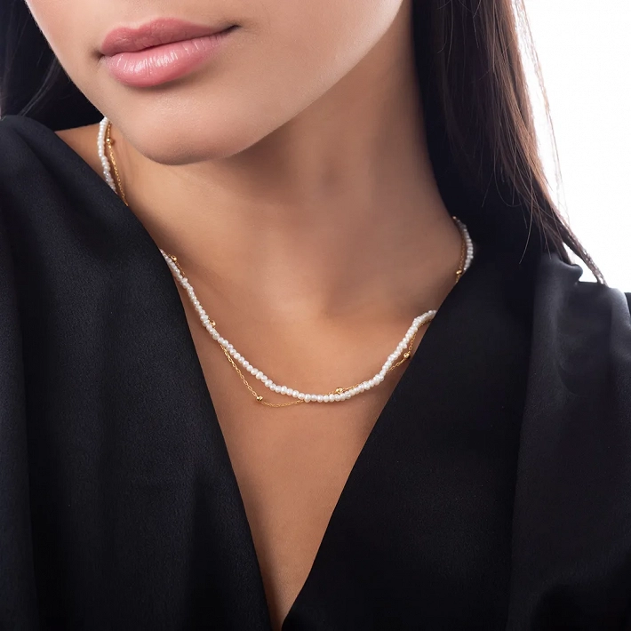 Oxzen ασημένιο κολιέ επιχρυσωμένο διπλό με πέρλες