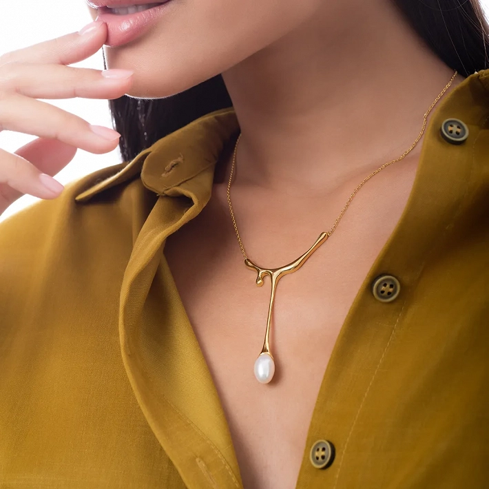 Oxzen ασημένιο κολιέ επιχρυσωμένο με κρεμαστή πέρλα χειροποίητο