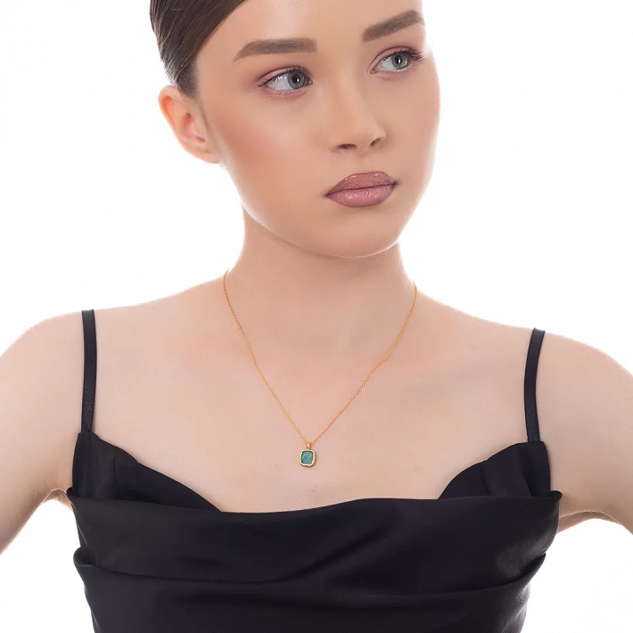 Oxzen ασημένιο κολιέ επιχρυσωμένο χειροποίητο με ορυκτή πέτρα αμαζονίτη