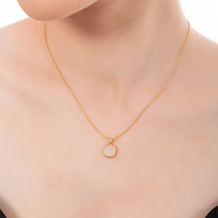 Oxzen ασημένιο κολιέ επιχρυσωμένο χειροποίητο με ορυκτή φεγγαρόπετρα