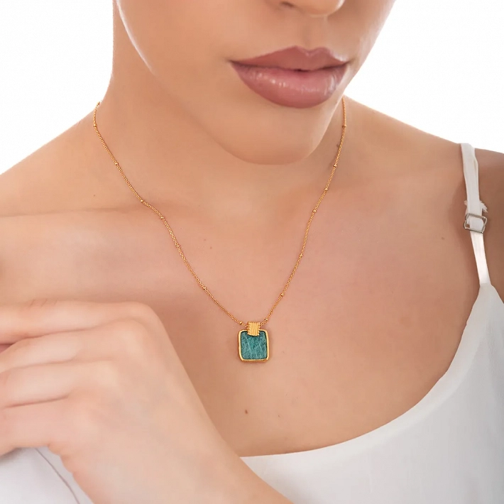 Oxzen ασημένιο κολιέ επιχρυσωμένο χειροποίητο με ορυκτή πέτρα αμαζονίτη