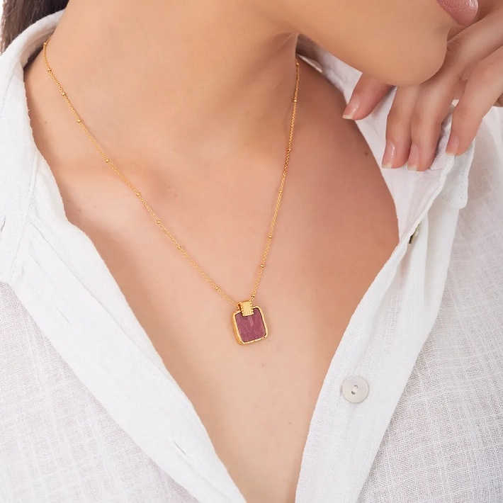 Oxzen ασημένιο κολιέ επιχρυσωμένο χειροποίητο με ορυκτή πέτρα Ίασπις