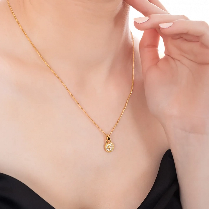 Oxzen ασημένιο κολιέ επιχρυσωμένο χειροποίητο με πέτρα φίλντισι και πυξίδα