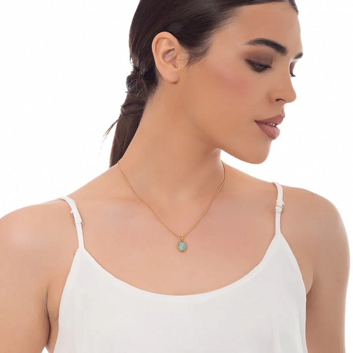 Oxzen ασημένιο κολιέ επιχρυσωμένο χειροποίητο με ορυκτή πέτρα μαλαχίτη