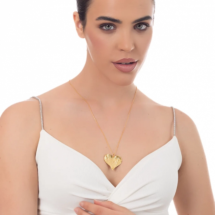 Oxzen ασημένιο κολιέ επιχρυσωμένη καρδιά σφυρήλατη με ιδιαίτερο σχέδιο