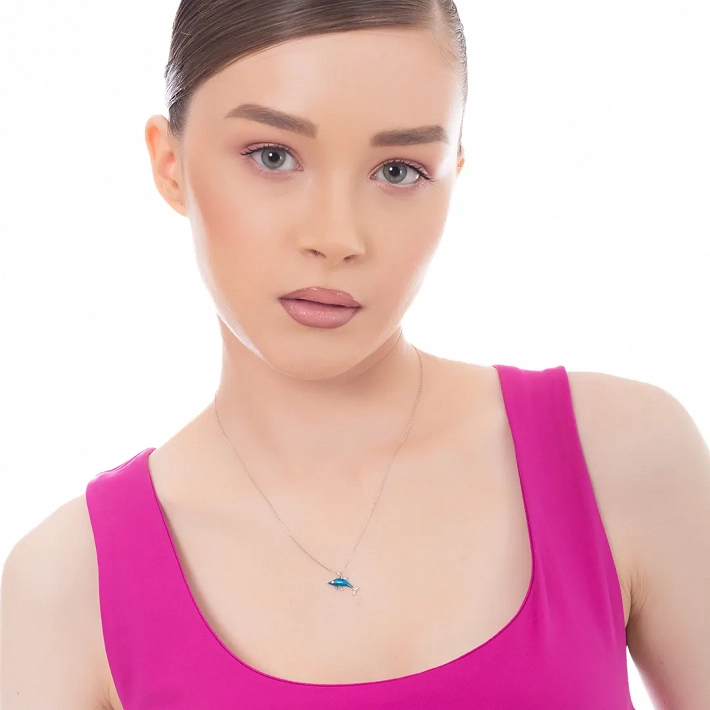 Oxzen ασημένιο κολιέ δελφινάκι με μπλέ σμάλτο