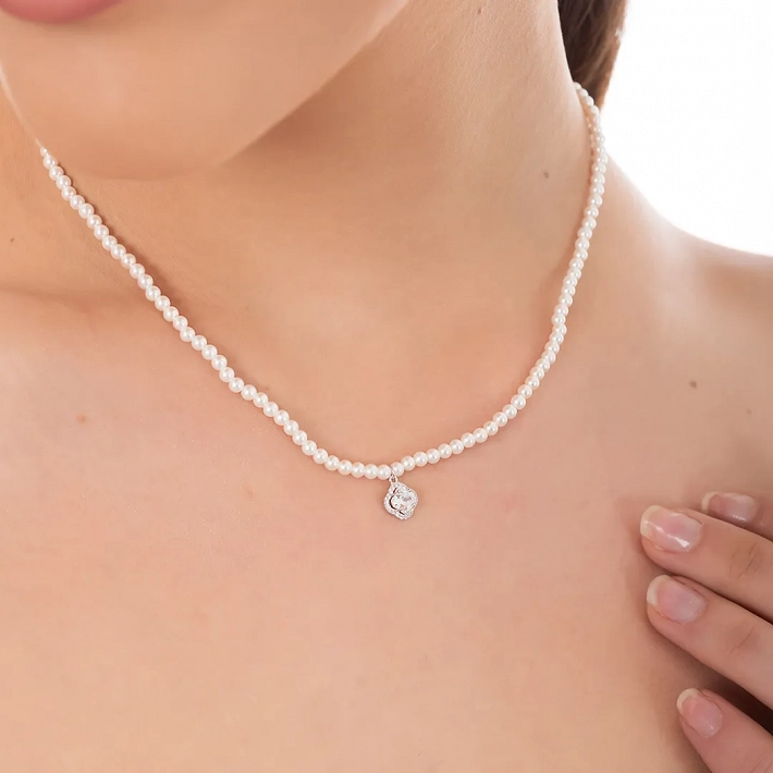 Oxzen ασημένιο κολιέ πέρλα 3mm με τελείωμα τετράγωνο ζιργκόν