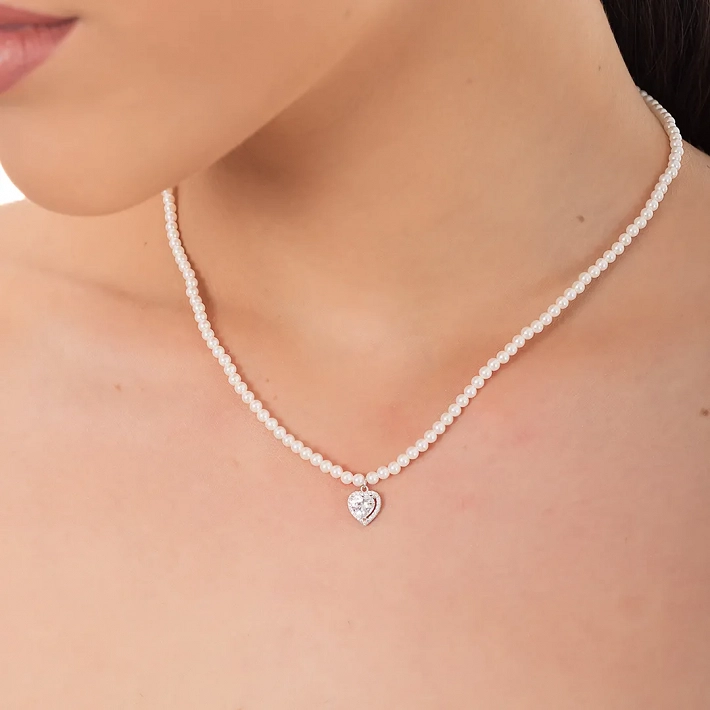 Oxzen ασημένιο κολιέ πέρλα 3mm με τελείωμα καρδιά με ζιργκόν