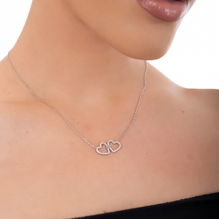 Oxzen ασημένιο κολιέ διπλή καρδιά με λευκά ζιργκόν
