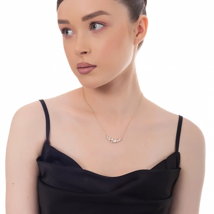 Oxzen ασημένιο κολιέ, με πέρλες και λευκά ζιργκόν