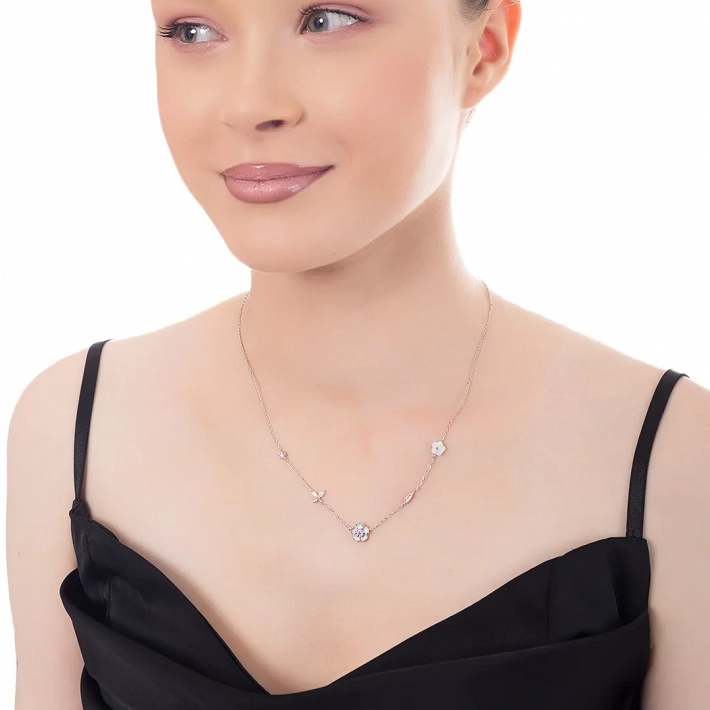 Oxzen ασημένιο κολιέ μαργαρίτες με φίλντισι