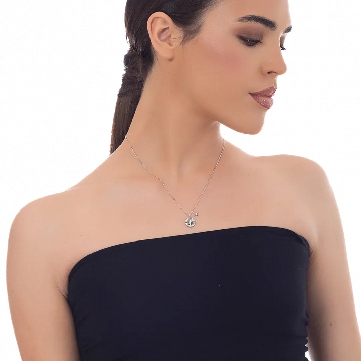 Oxzen ασημένιο κολιέ πυξίδα με λευκές μπαγιέτες