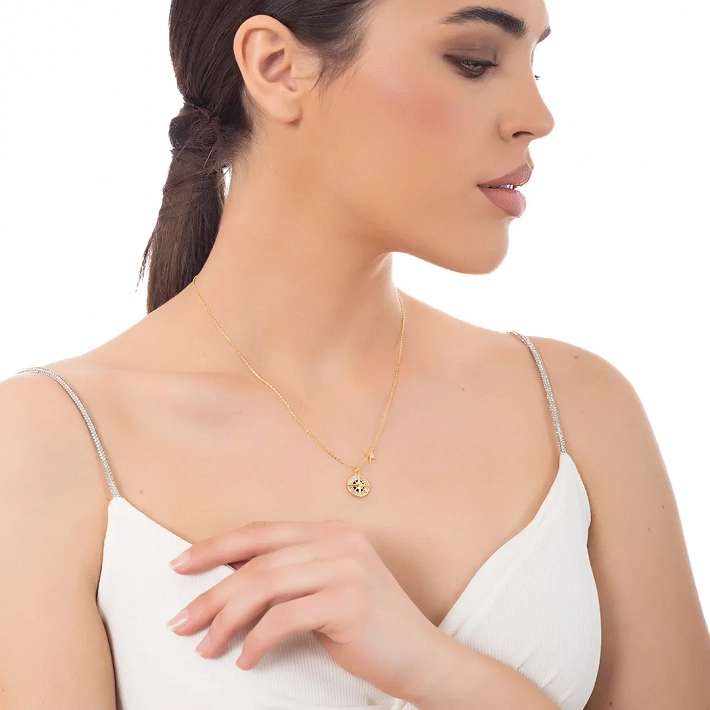 Oxzen ασημένιο κολιέ πυξίδα με λευκές μπαγιέτες