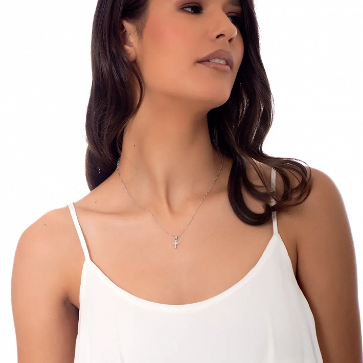 Oxzen ασημένιος σταυρός μικρός με λευκά ζιργκόν