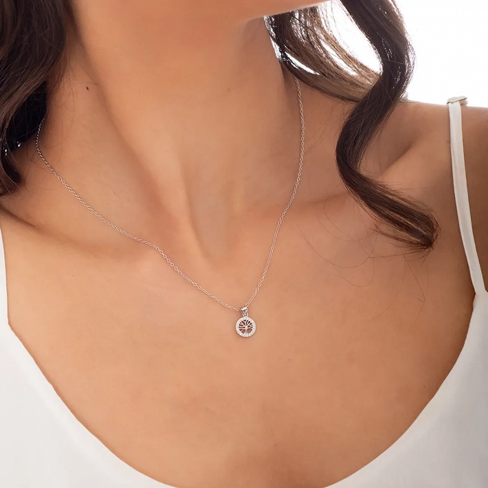 Oxzen ασημένιο κολιέ δέντρο ζωής μικρό με λευκά ζιργκόν