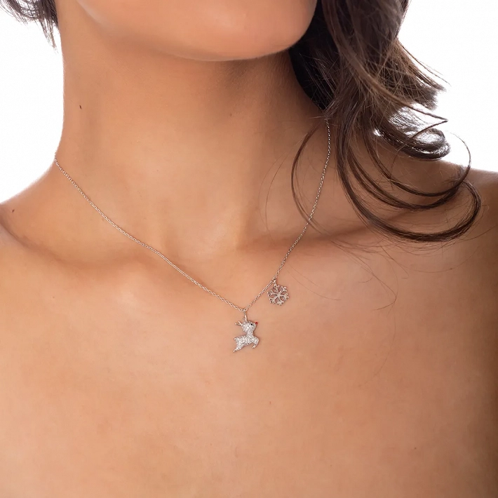 Oxzen ασημένιο κολιέ ελαφάκι με χιονονιφάδα