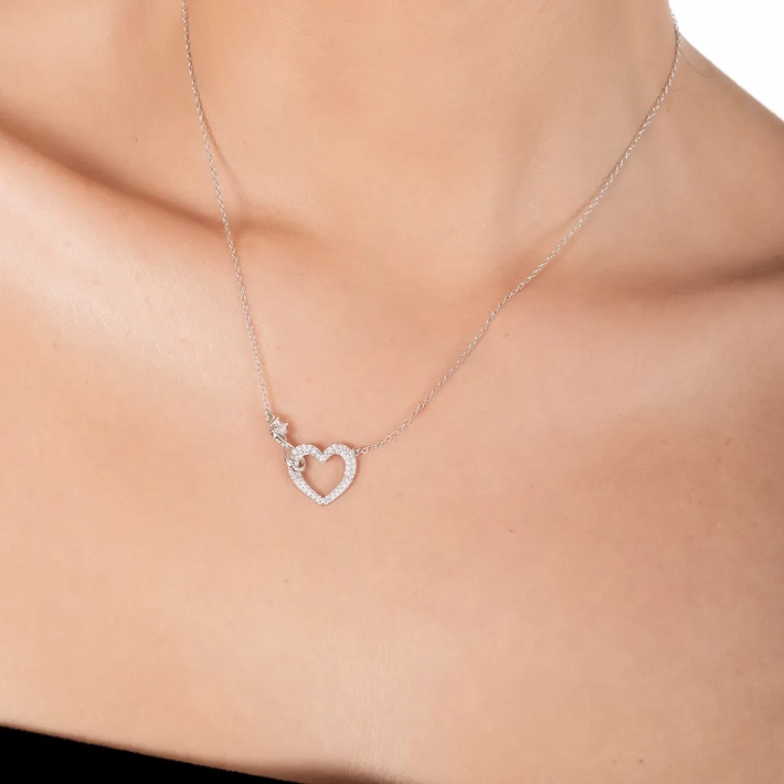 Oxzen ασημένιο κολιέ καρδιά με άπειρο και λευκά ζιργκόν
