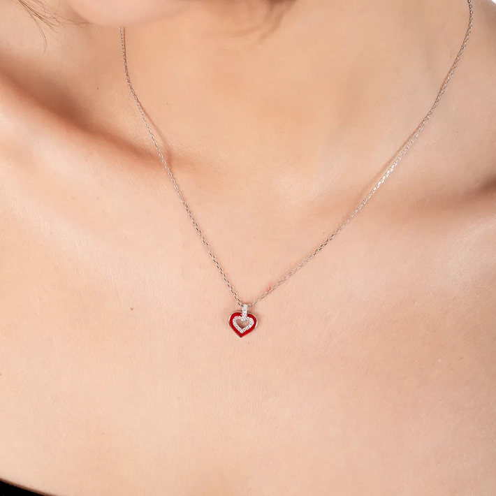 Oxzen ασημένιο κολιέ καρδιά με σμάλτο και ζιργκόν