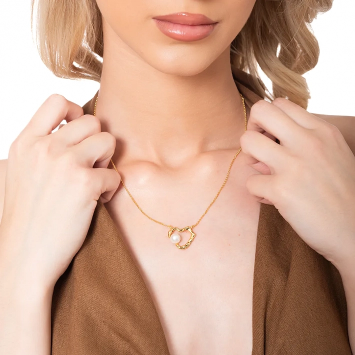 Oxzen χειροπόιητο γυναικείο κολιέ ασημένιο καρδιά με πέρλα