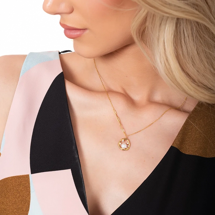 Oxzen γυναικείο κολιέ ασημένιο, επιχρυσωμένο με πέρλα