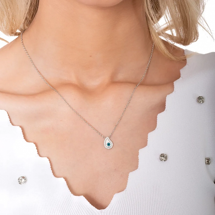 Oxzen γυναικείο κολιέ ασημένιο λευκό ματάκι με λευκά ζιργκόν