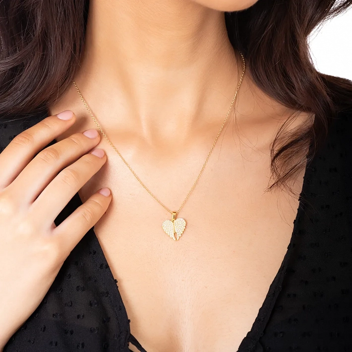 Oxzen γυναικείο κολιέ ασημένιο καρδούλα με φτερά που ανοίγουν