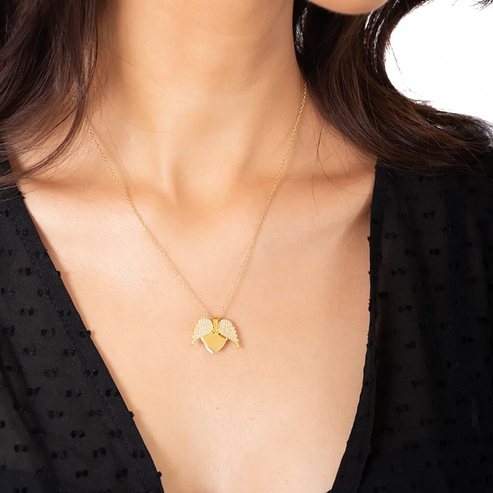 Oxzen γυναικείο κολιέ ασημένιο καρδούλα με φτερά που ανοίγουν