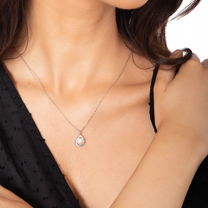 Oxzen γυναικείο κολιέ ασημένιο με πέρλα
